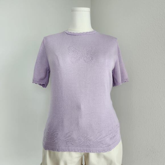 Vintage 90s Alfred Dunner Lilac Knit Butterfly Sweater Top Petite Large PL USA - Picture 2 of 10